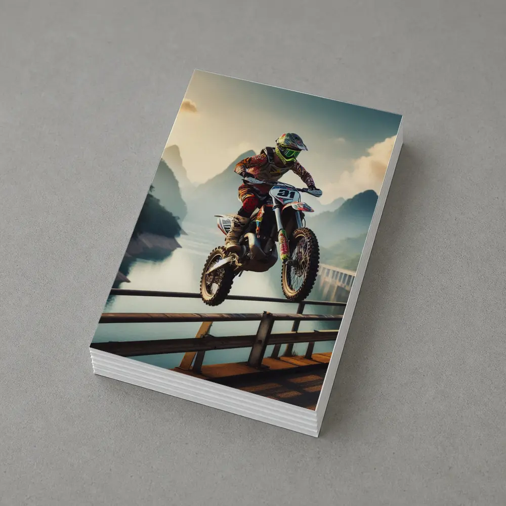 Motocross Rider Jumping Over Bridge Mountains – Postcards