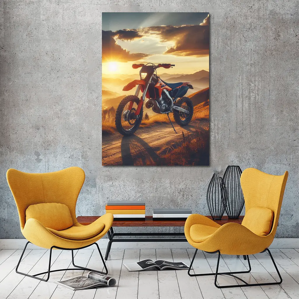 KTM Dirt Bike Mountain Sunset Scene – Wall Art