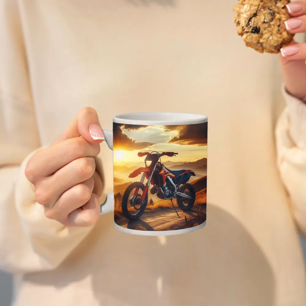 KTM Dirt Bike Mountain Sunset Scene – Mugs