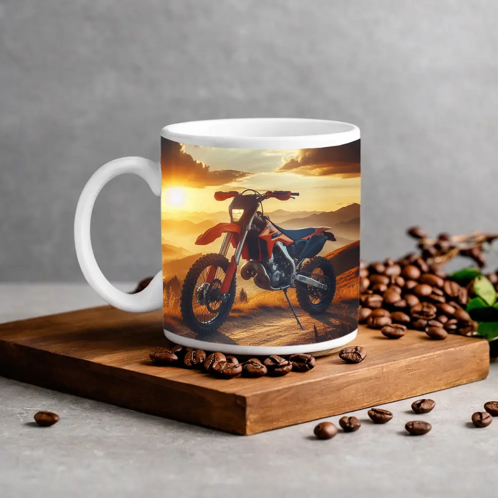 KTM Dirt Bike Mountain Sunset Scene – Mugs