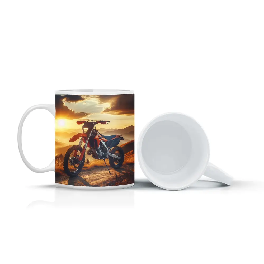 KTM Dirt Bike Mountain Sunset Scene – Mugs
