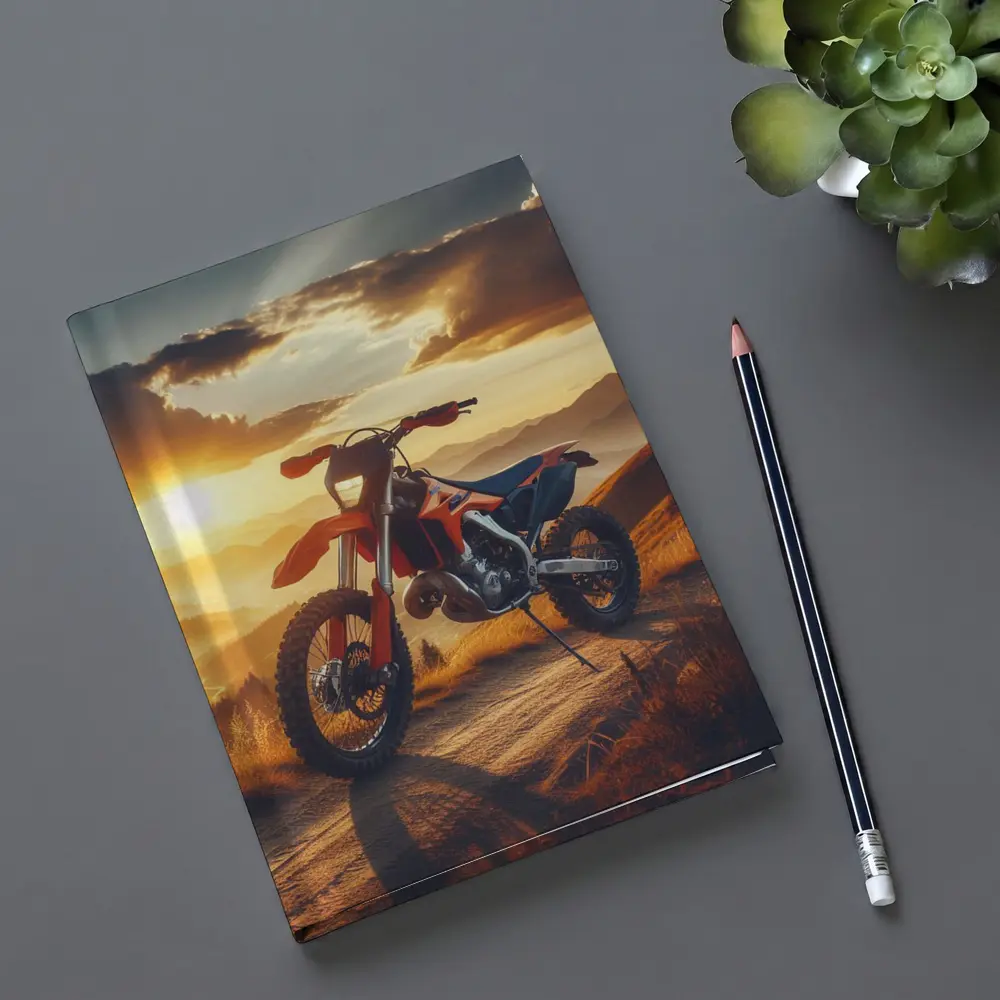 KTM Dirt Bike Mountain Sunset Scene – Notebooks