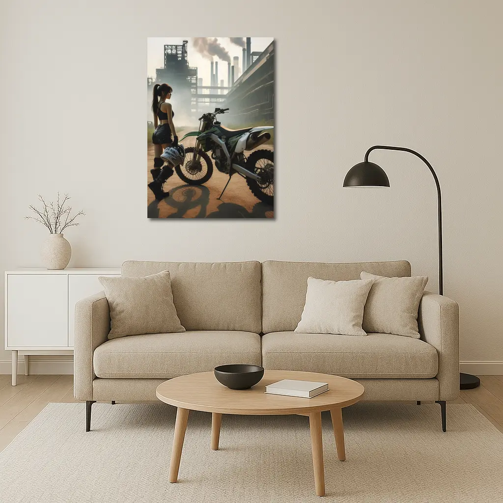Girl With Dirt Bike Industrial Factory Background – Wall Art