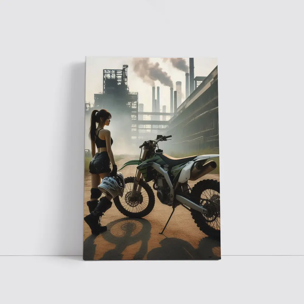 Girl With Dirt Bike Industrial Factory Background – Wall Art