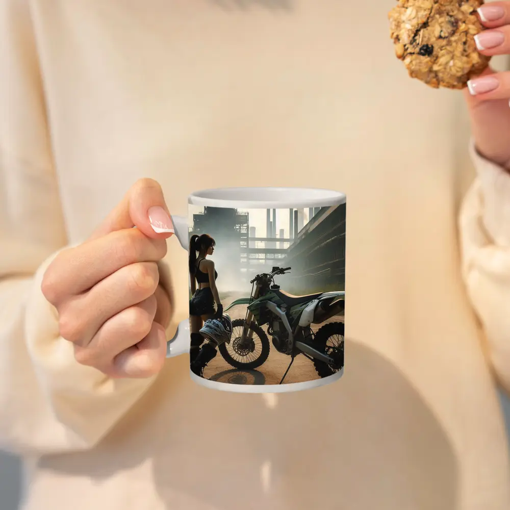 Girl With Dirt Bike Industrial Factory Background – Mugs