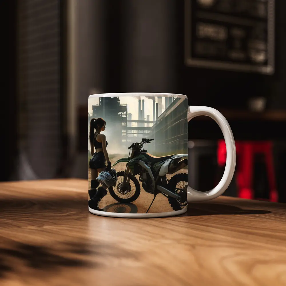 Girl With Dirt Bike Industrial Factory Background – Mugs