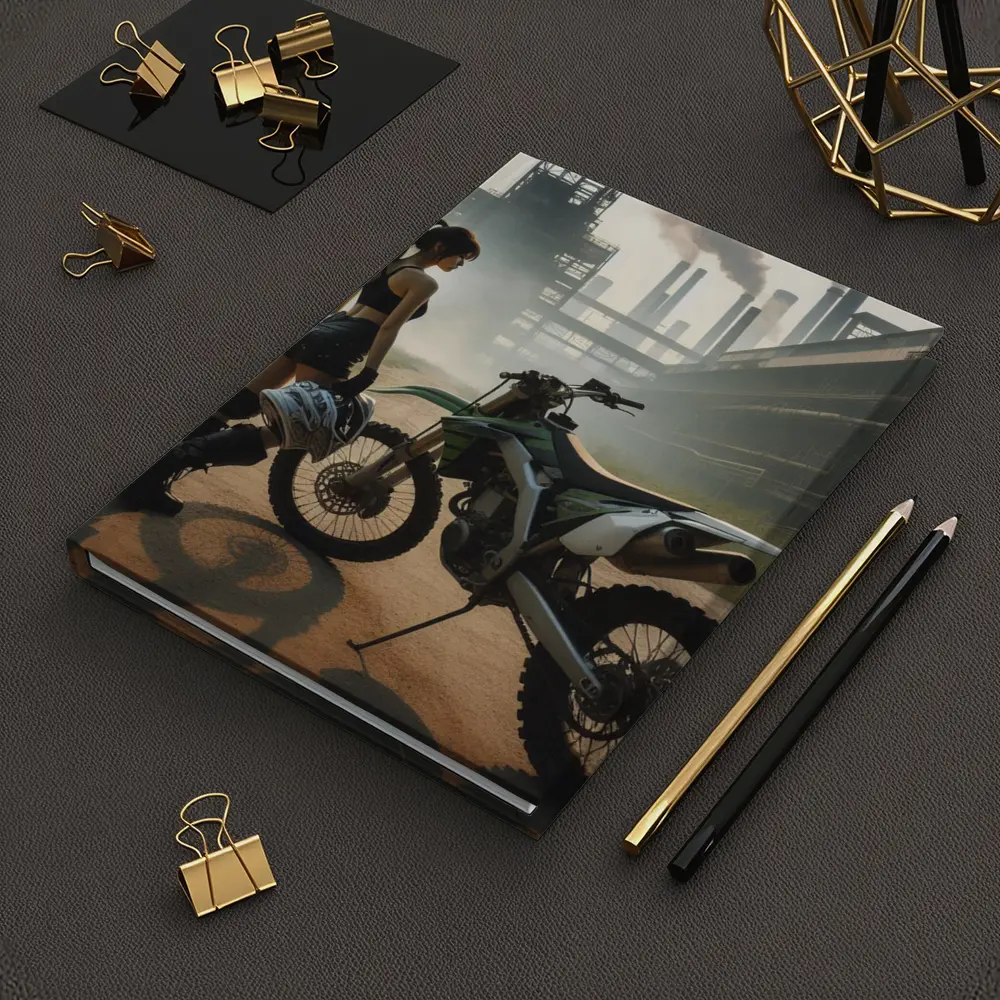 Girl With Dirt Bike Industrial Factory Background – Notebooks