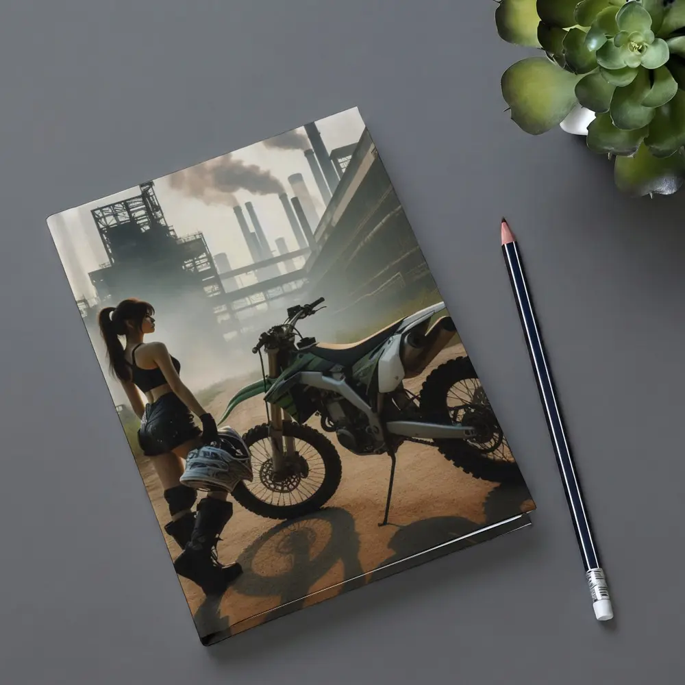 Girl With Dirt Bike Industrial Factory Background – Notebooks