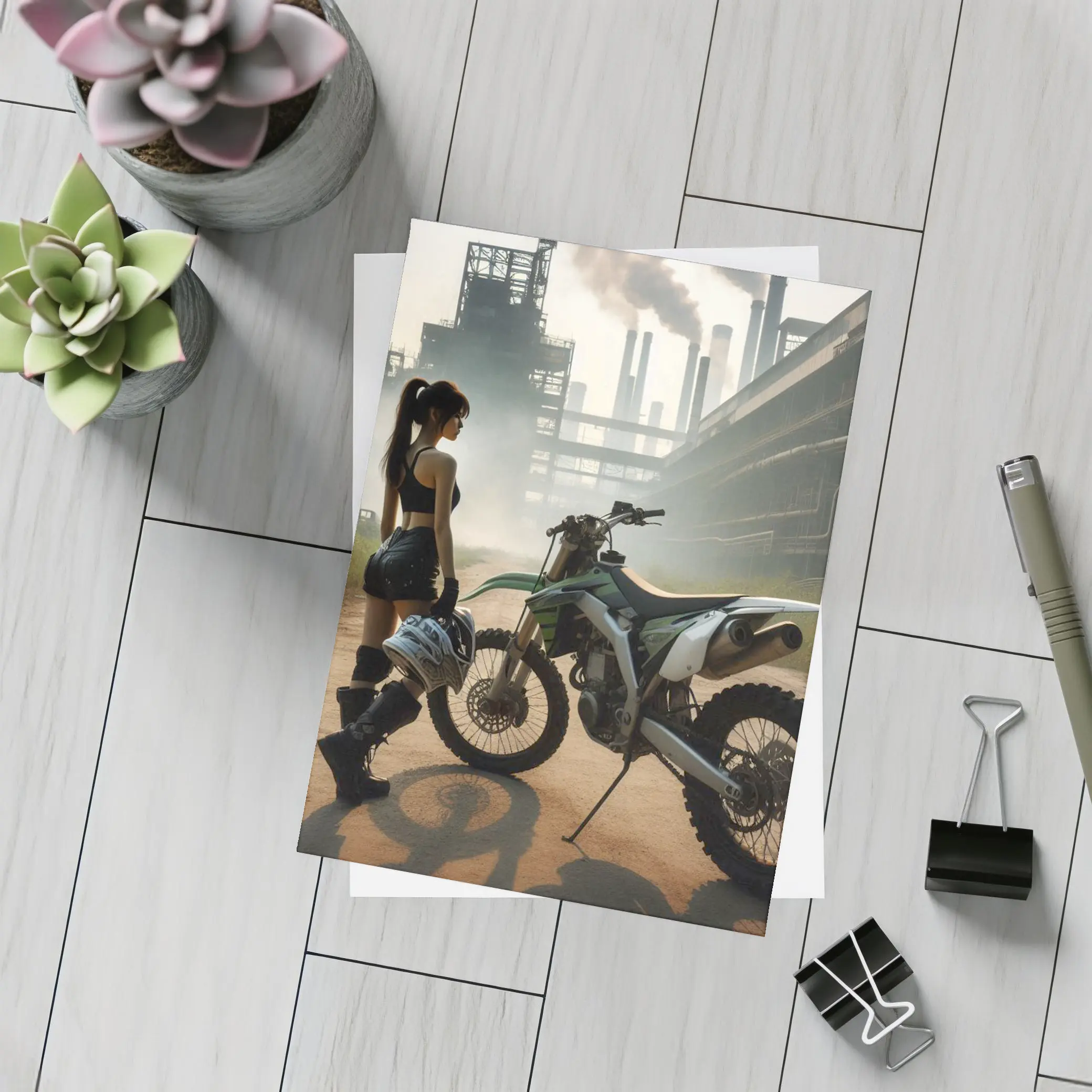 Girl With Dirt Bike Industrial Factory Background – Postcards