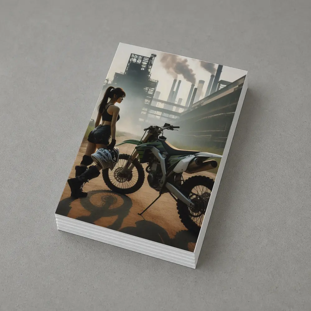 Girl With Dirt Bike Industrial Factory Background – Postcards