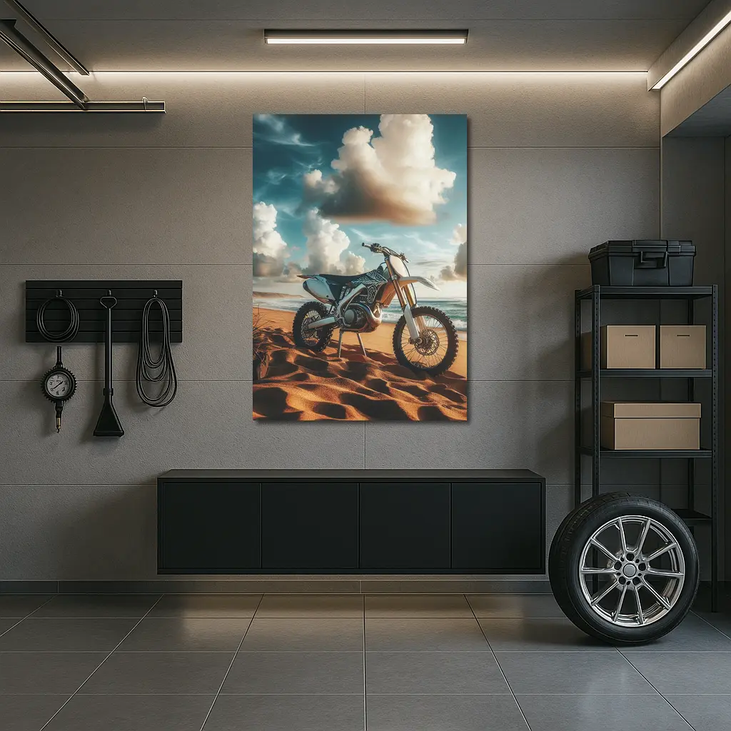 Dirt Bike Parked on Sandy Ocean Beach – Wall Art