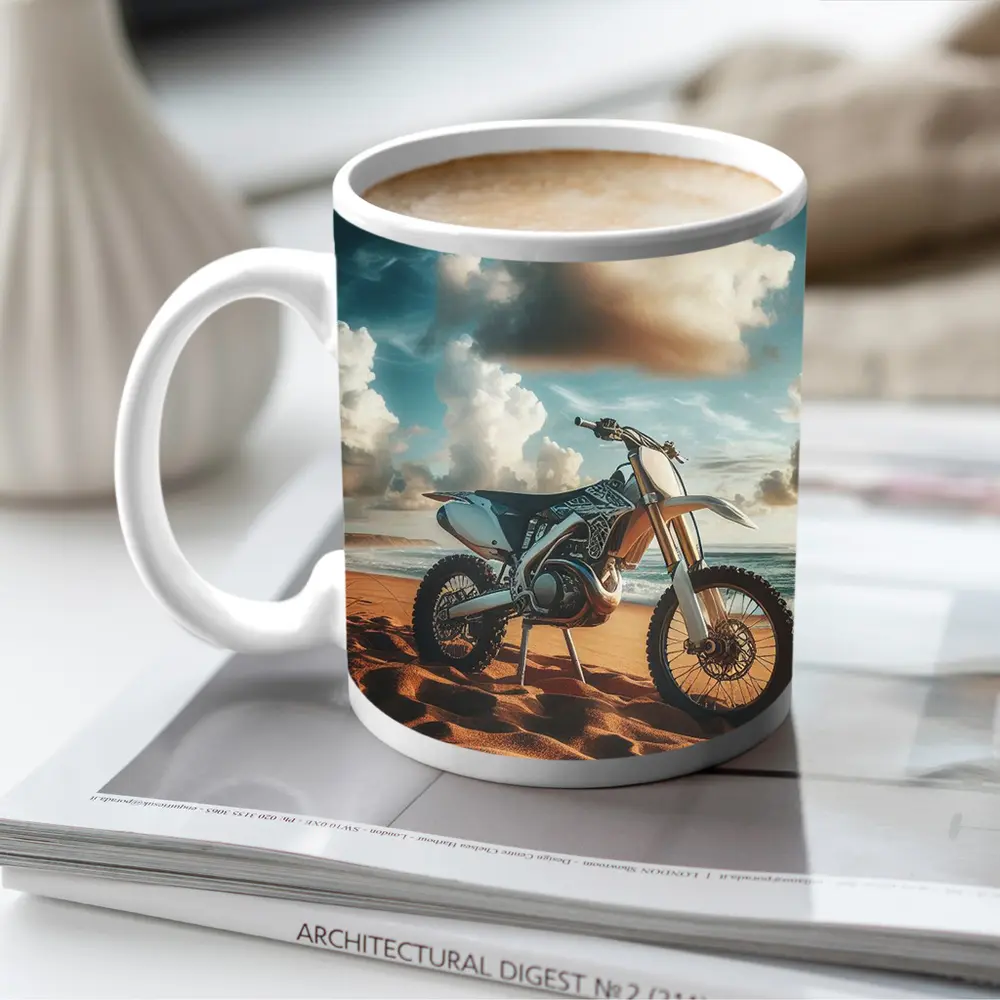 Dirt Bike Parked on Sandy Ocean Beach – Mugs