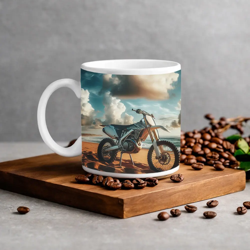 Dirt Bike Parked on Sandy Ocean Beach – Mugs