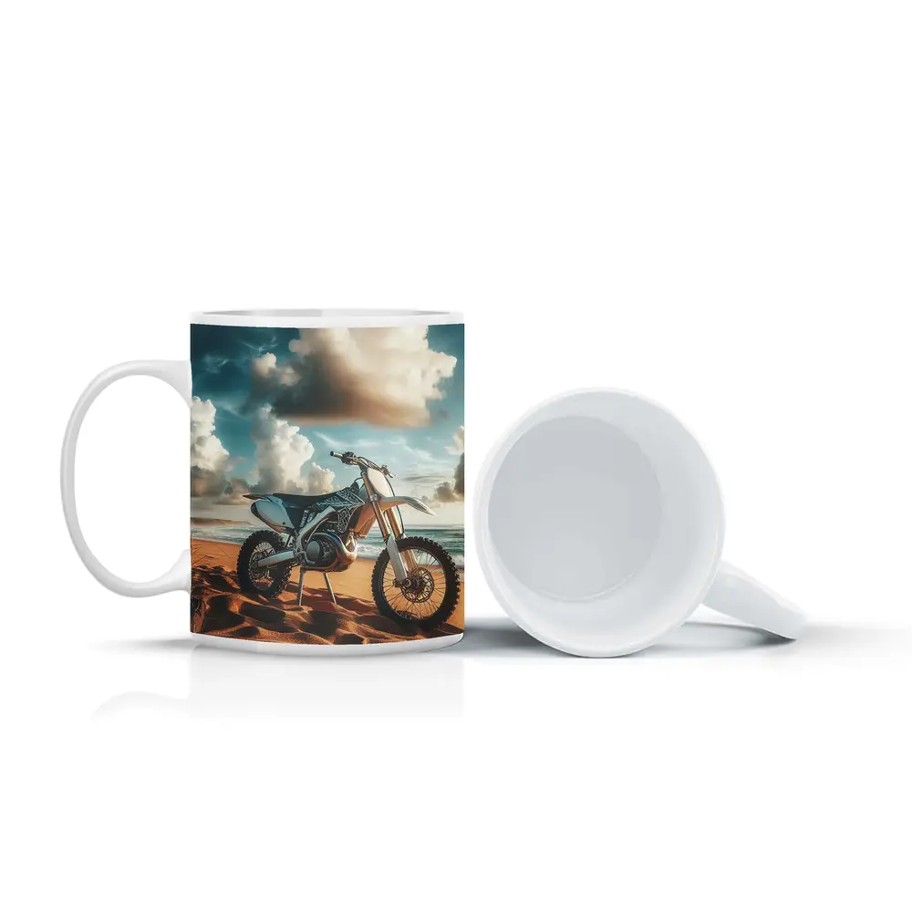 Dirt Bike Parked on Sandy Ocean Beach – Mugs