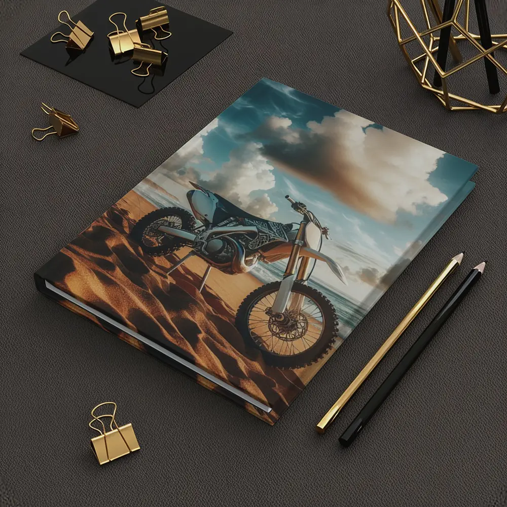 Dirt Bike Parked on Sandy Ocean Beach – Notebooks