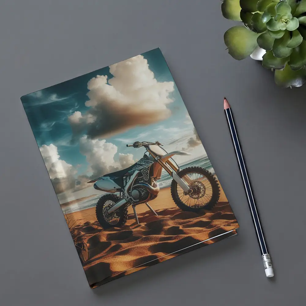 Dirt Bike Parked on Sandy Ocean Beach – Notebooks