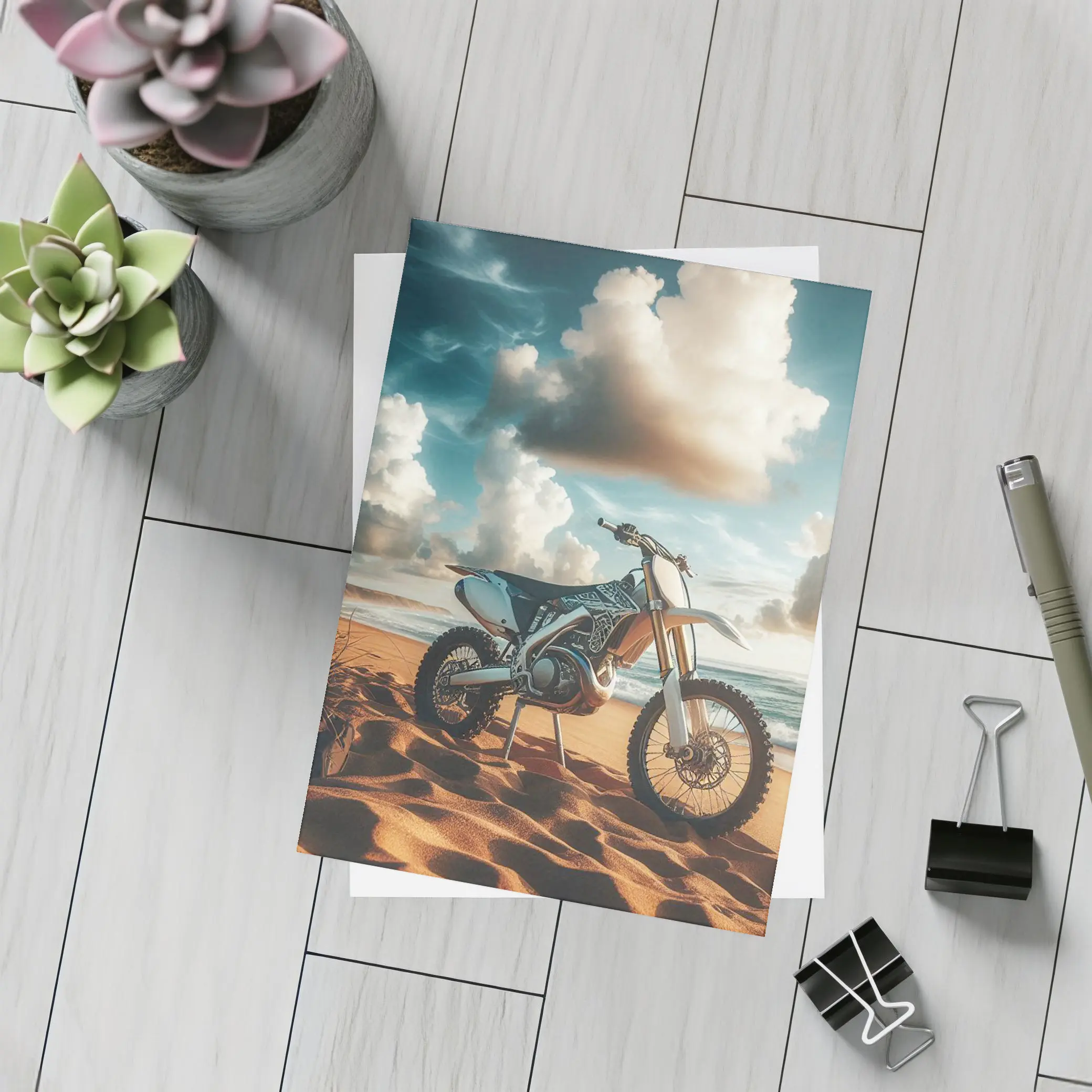 Dirt Bike Parked on Sandy Ocean Beach – Postcards