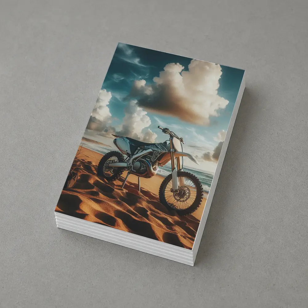 Dirt Bike Parked on Sandy Ocean Beach – Postcards