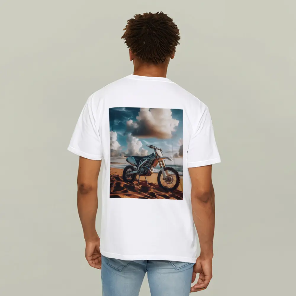 Dirt Bike Parked on Sandy Ocean Beach – T-Shirts