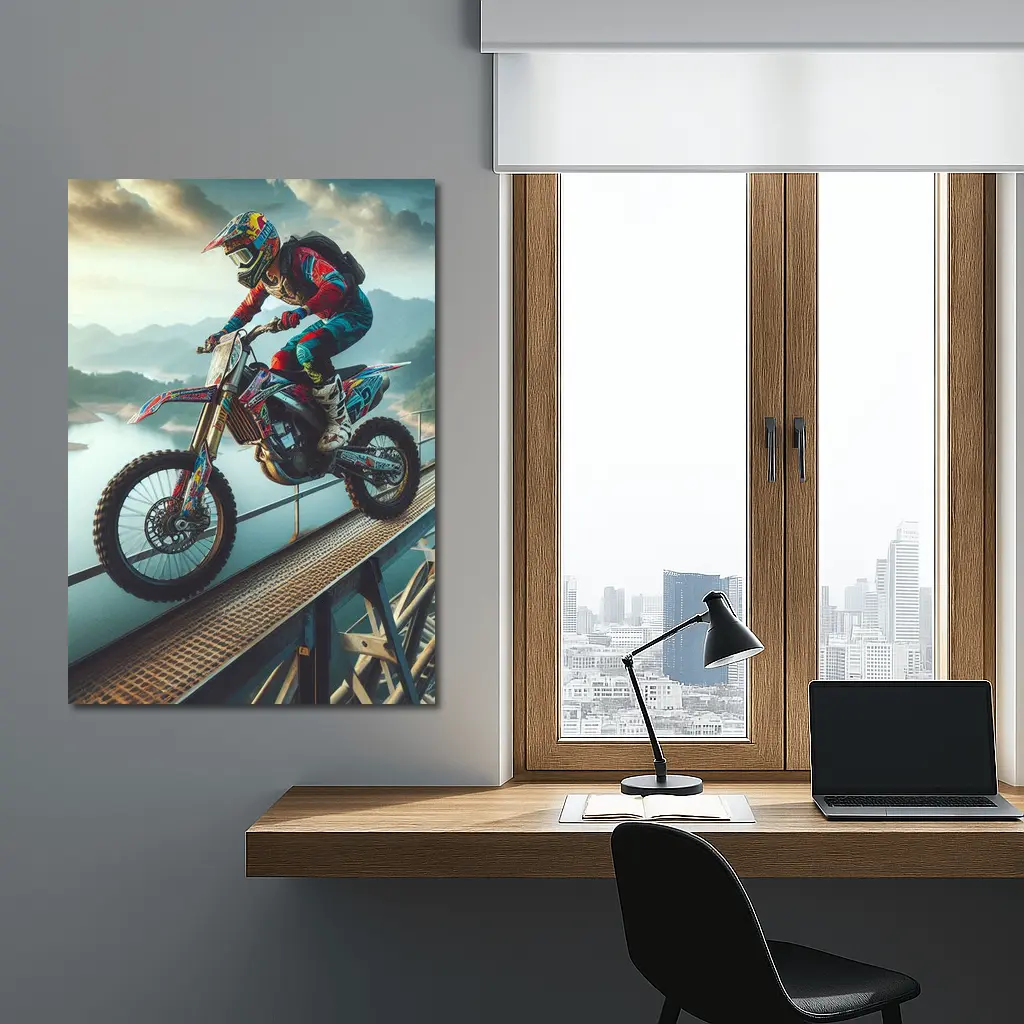Motocross Rider Wheelie On Bridge River – Wall Art
