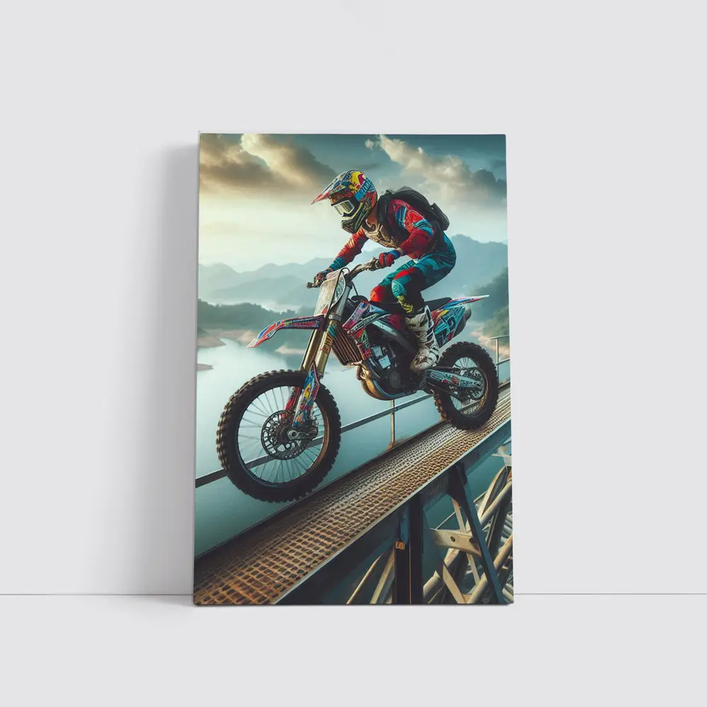 Motocross Rider Wheelie On Bridge River – Wall Art