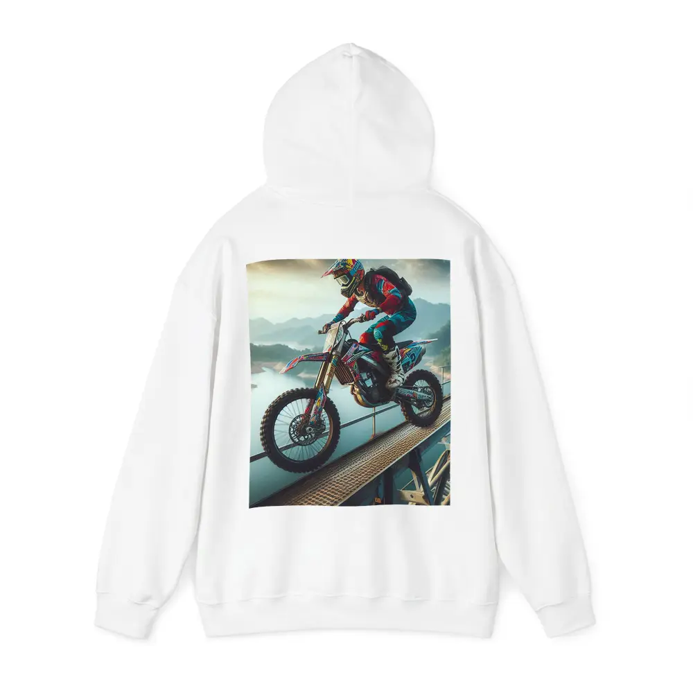 Motocross Rider Wheelie On Bridge River – Hoodies