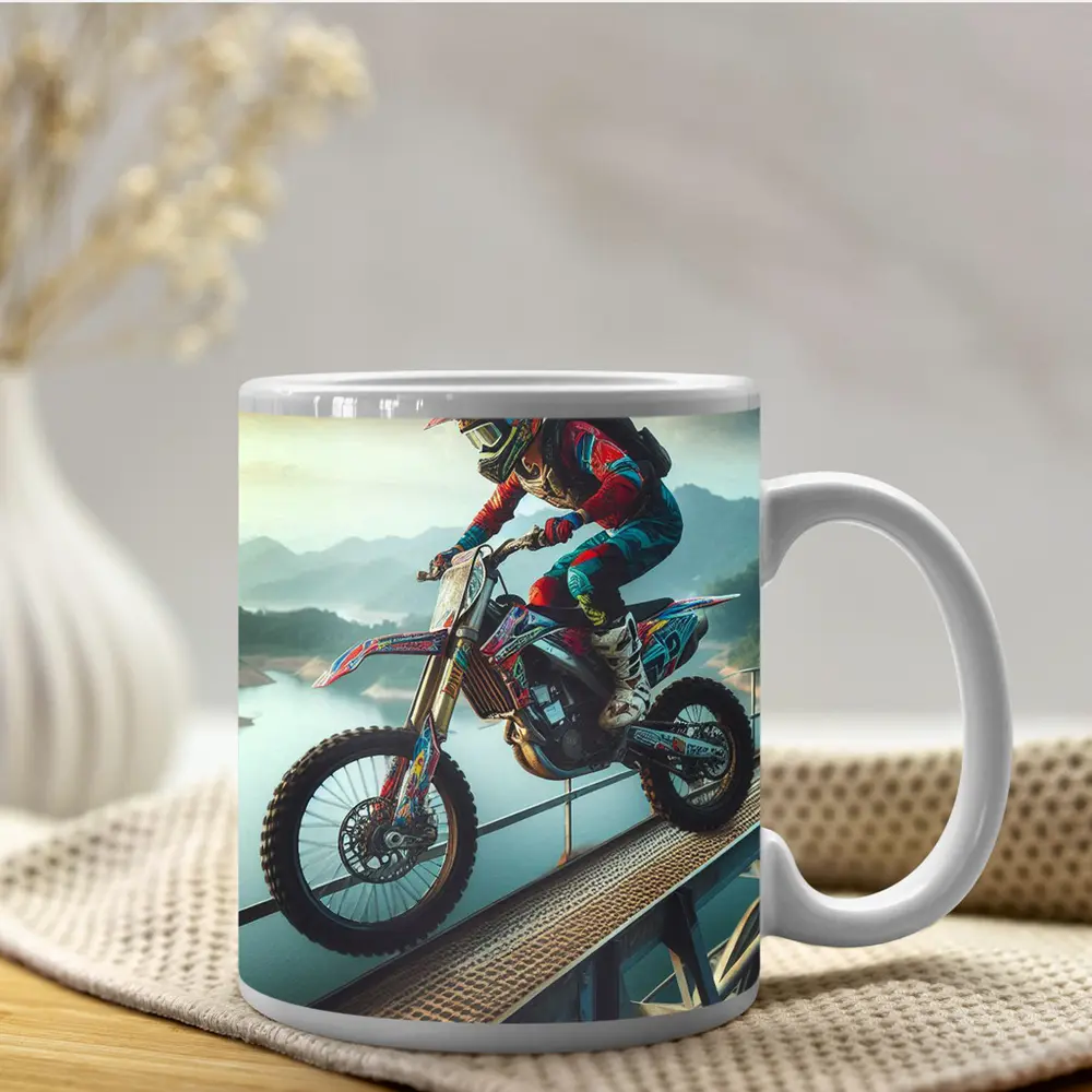 Motocross Rider Wheelie On Bridge River – Mugs