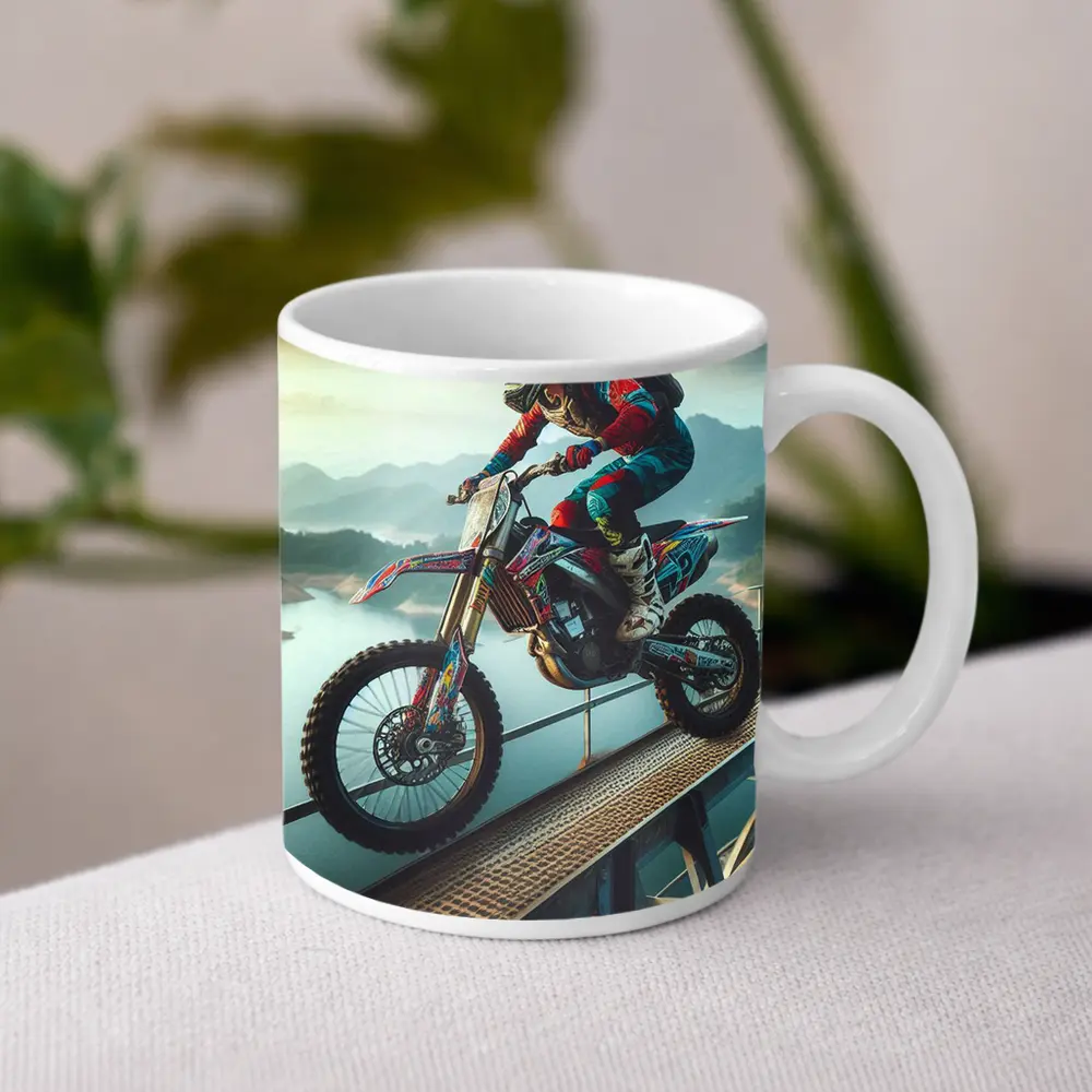 Motocross Rider Wheelie On Bridge River – Mugs