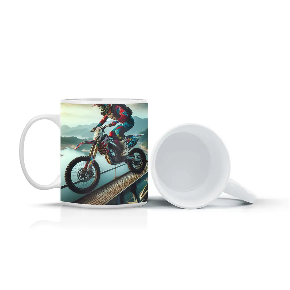 Motocross Rider Wheelie On Bridge River – Mugs