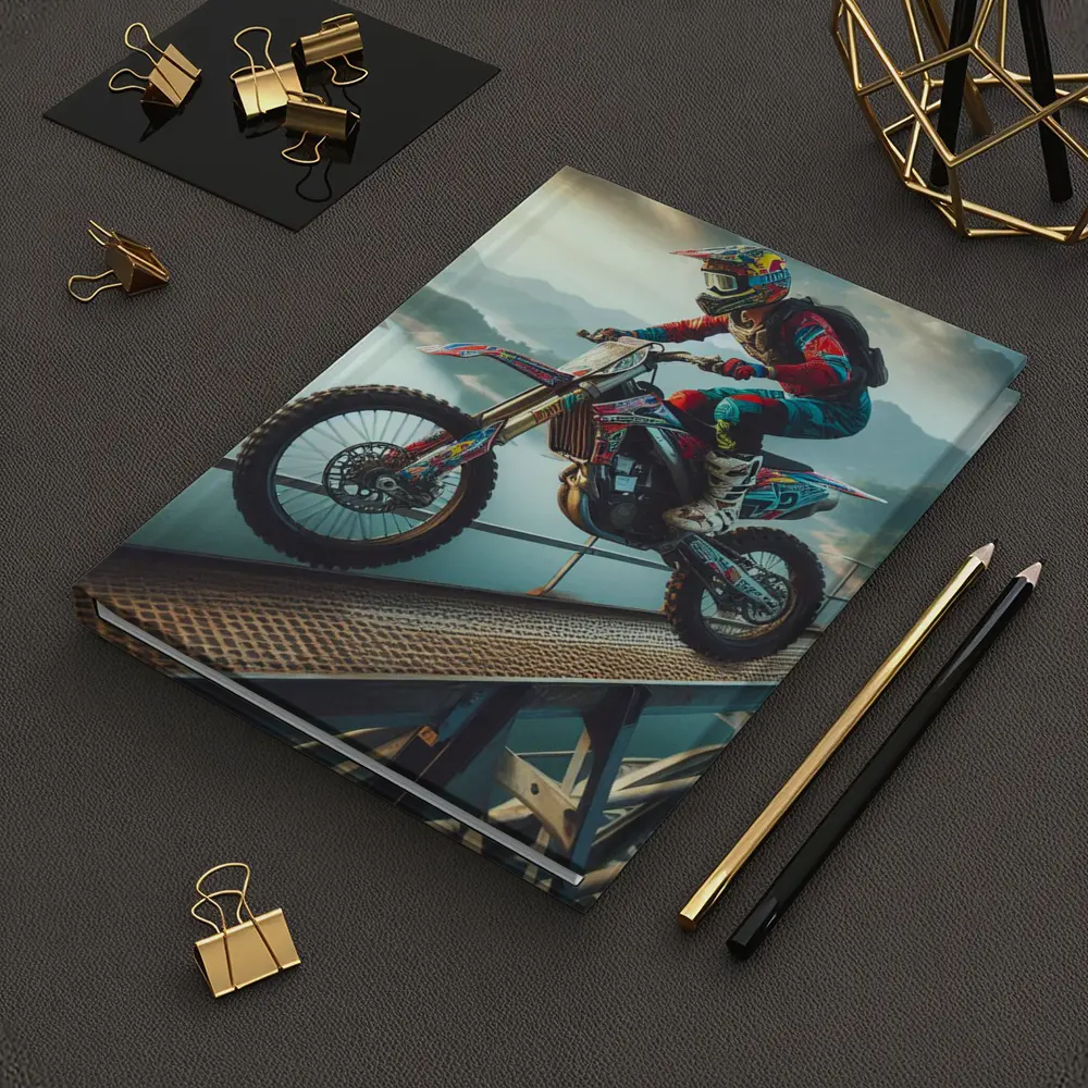 Motocross Rider Wheelie On Bridge River – Notebooks