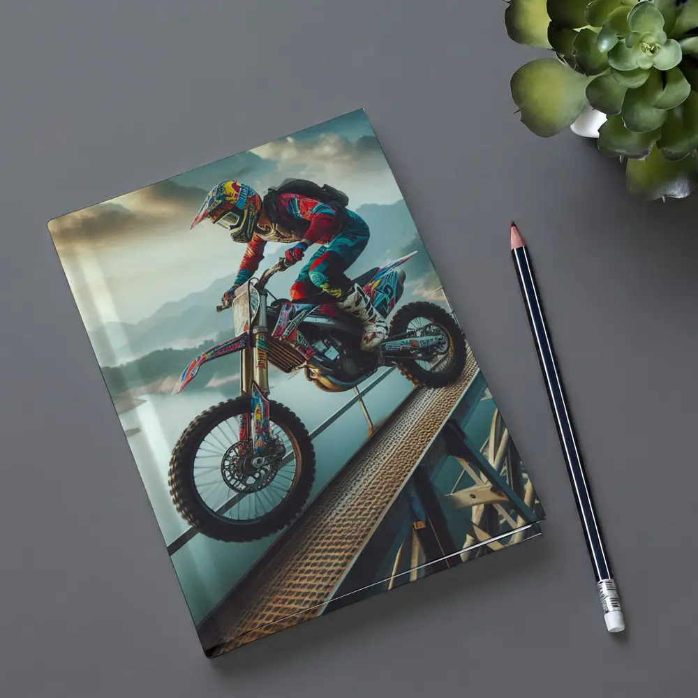 Motocross Rider Wheelie On Bridge River – Notebooks