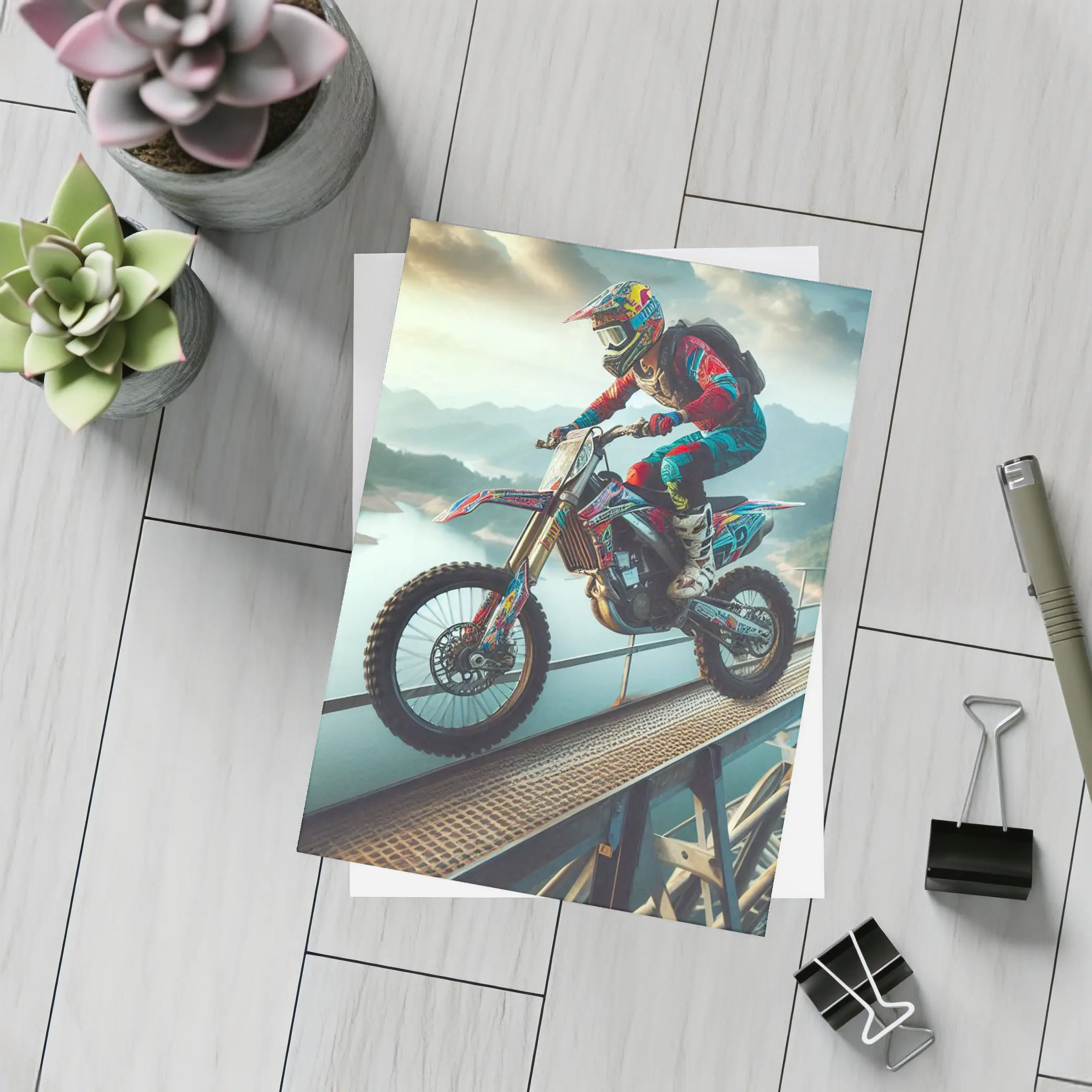 Motocross Rider Wheelie On Bridge River – Postcards
