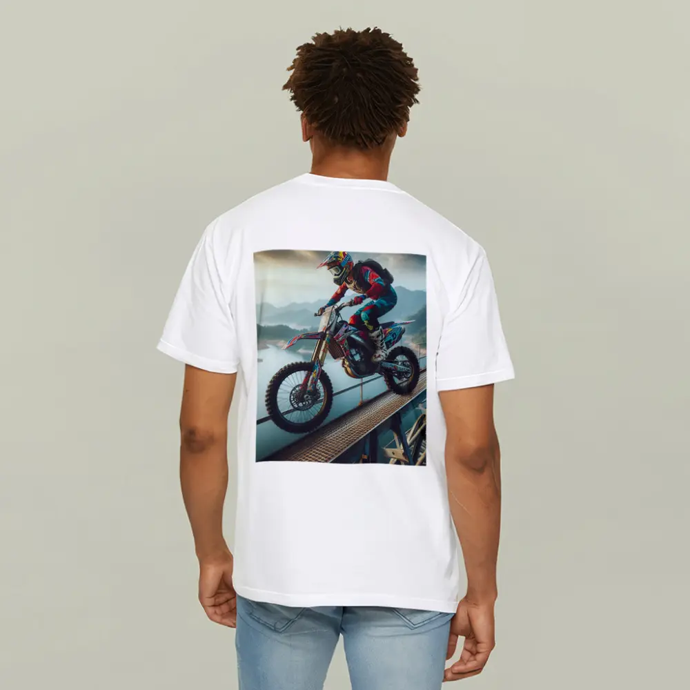 Motocross Rider Wheelie On Bridge River – T-Shirts