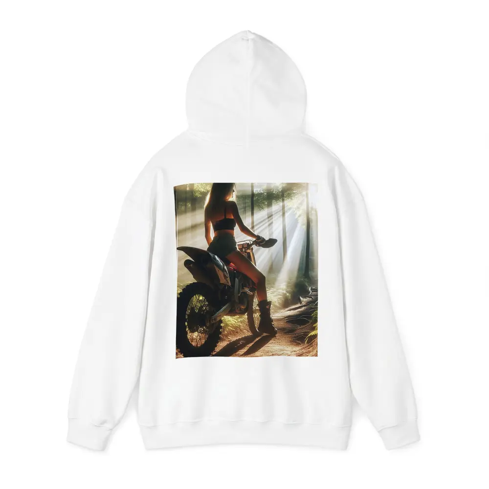 Woman on Dirt Bike Sunlit Forest Trail – Hoodies