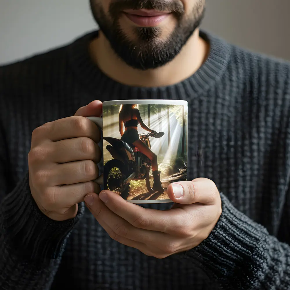 Woman on Dirt Bike Sunlit Forest Trail – Mugs