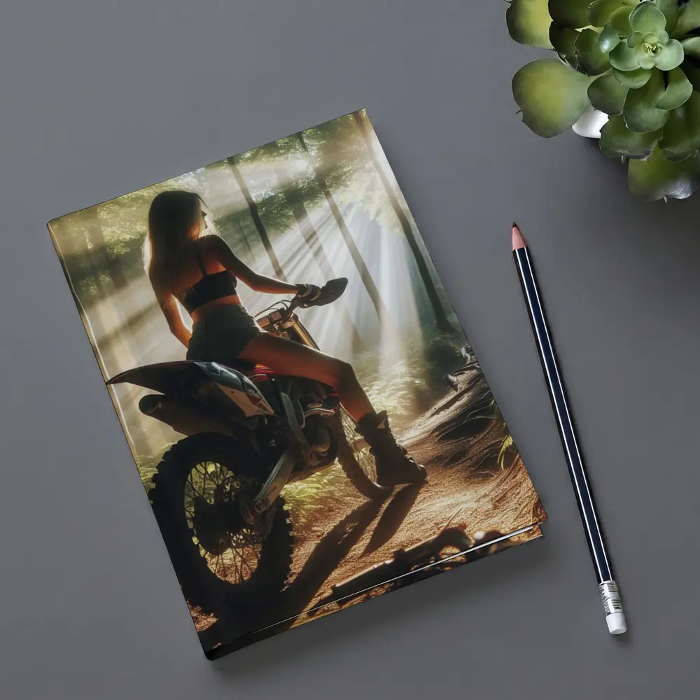 Woman on Dirt Bike Sunlit Forest Trail – Notebooks