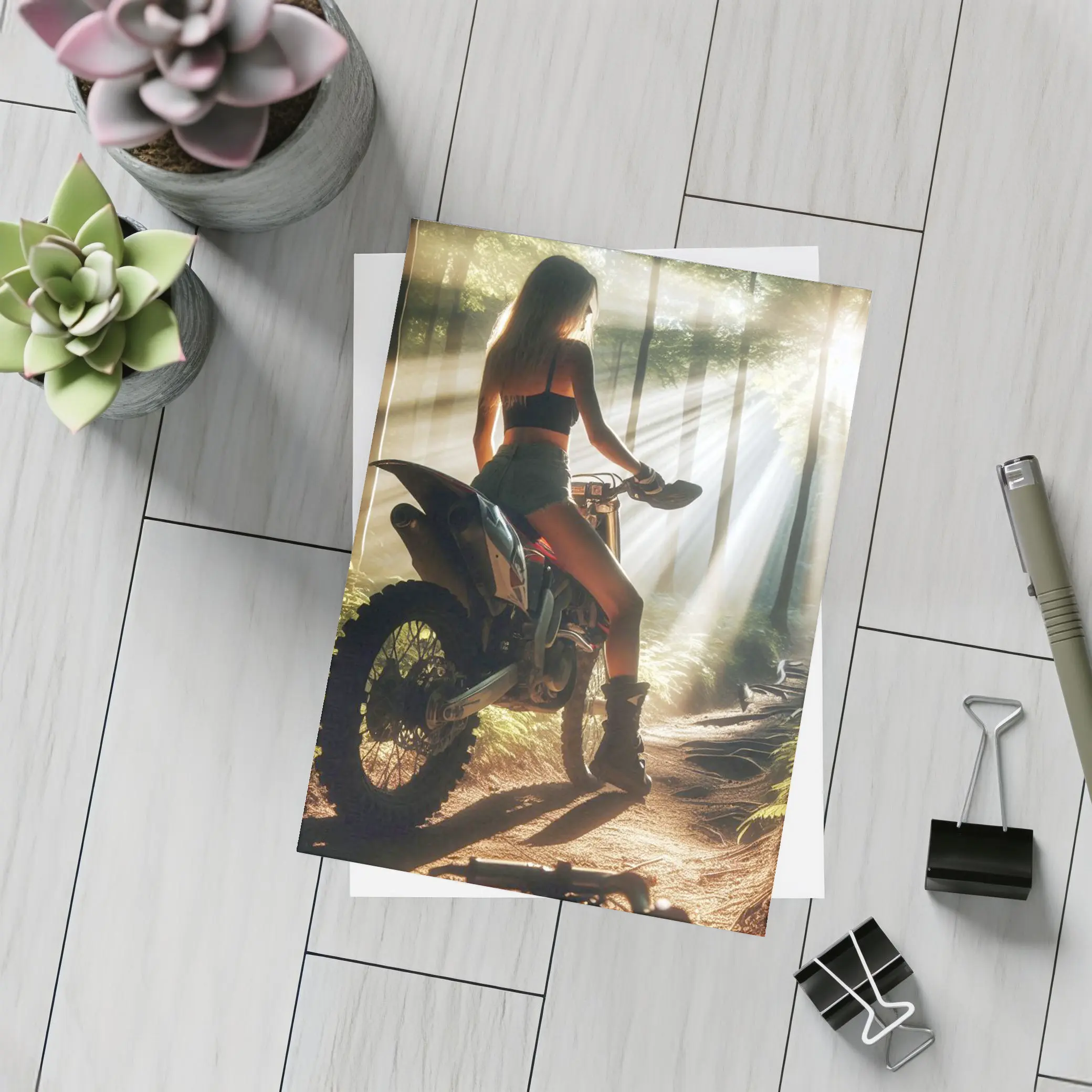 Woman on Dirt Bike Sunlit Forest Trail – Postcards