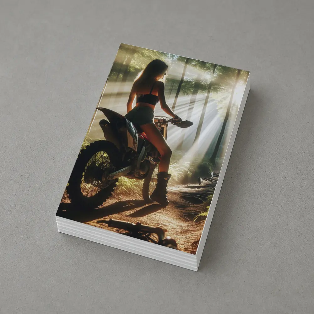 Woman on Dirt Bike Sunlit Forest Trail – Postcards