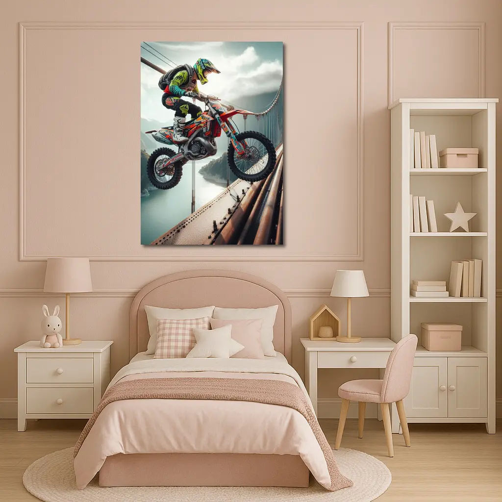 Motocross Rider Jumping Over Suspension Bridge – Wall Art