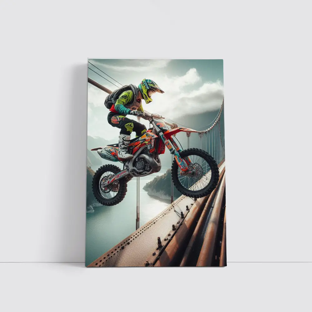 Motocross Rider Jumping Over Suspension Bridge – Wall Art