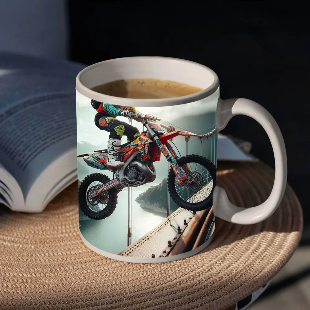 Motocross Rider Jumping Over Suspension Bridge – Mugs