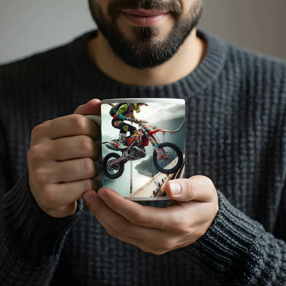 Motocross Rider Jumping Over Suspension Bridge – Mugs