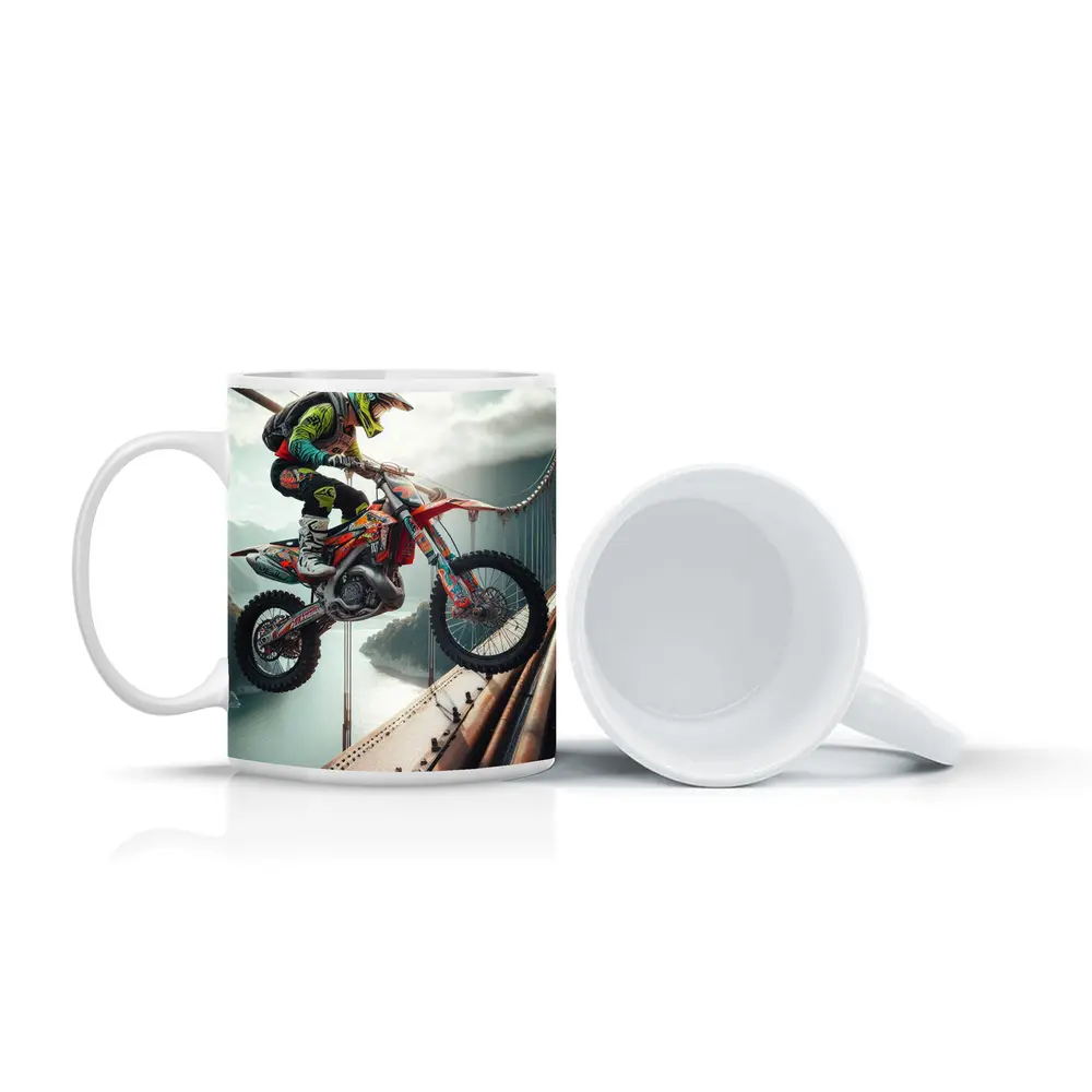 Motocross Rider Jumping Over Suspension Bridge – Mugs