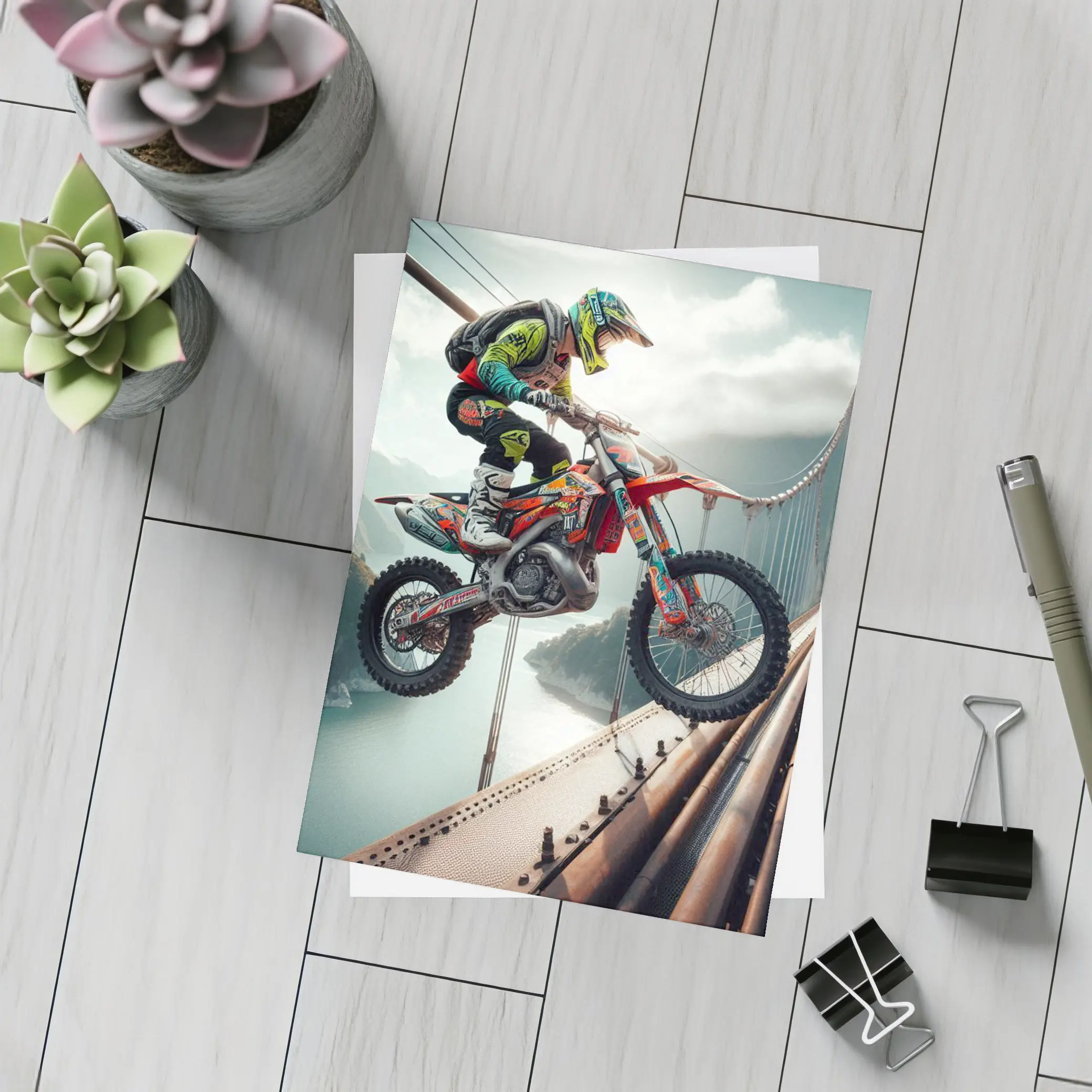 Motocross Rider Jumping Over Suspension Bridge – Postcards