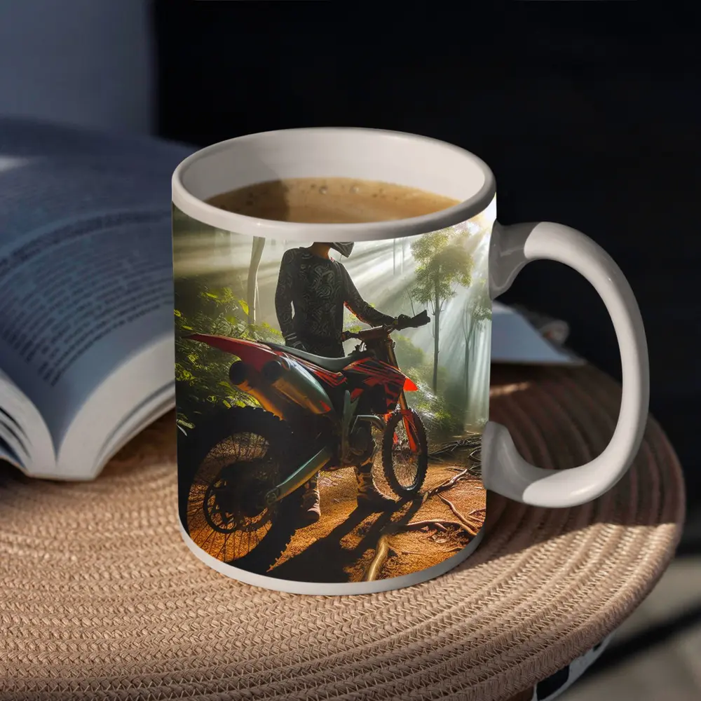 Motocross Rider Forest Sunbeams Dirt Trail – Mugs
