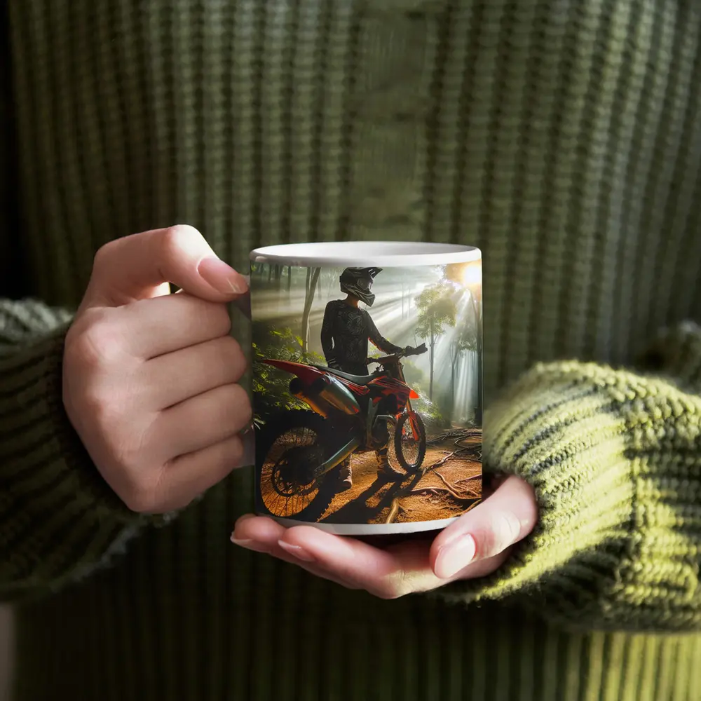 Motocross Rider Forest Sunbeams Dirt Trail – Mugs