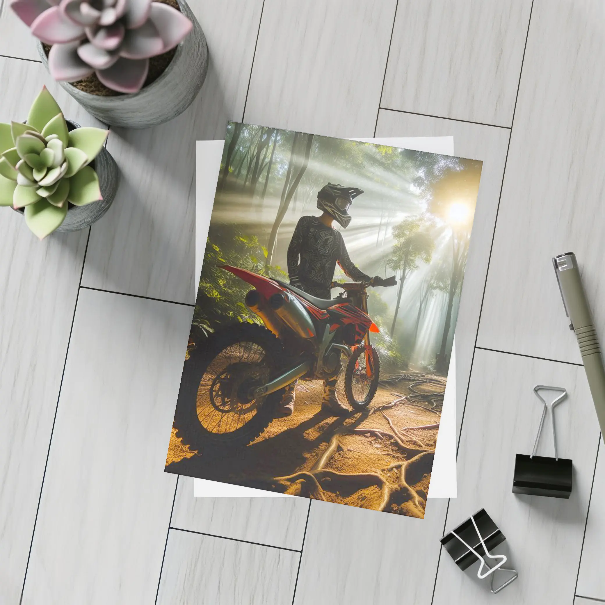 Motocross Rider Forest Sunbeams Dirt Trail – Postcards