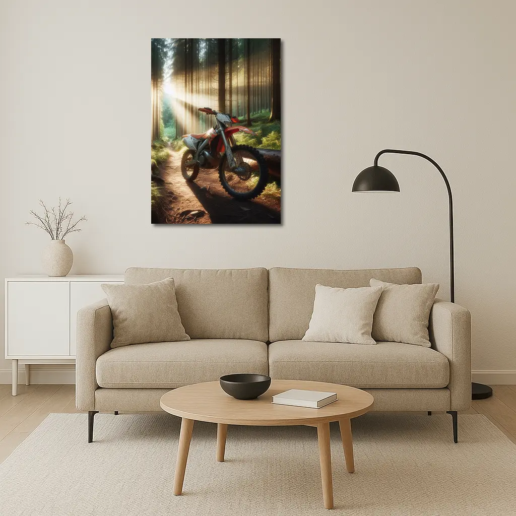Dirt Bike Parked on Forest Trail – Wall Art