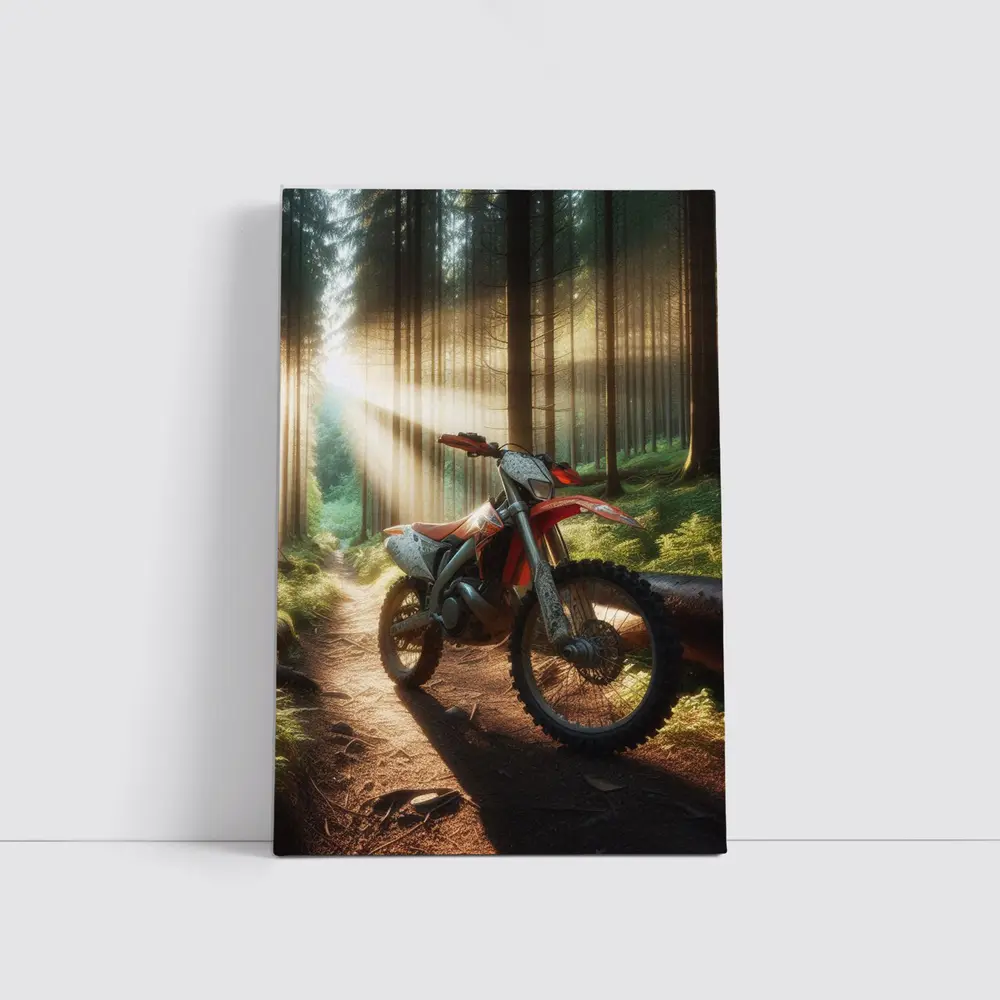 Dirt Bike Parked on Forest Trail – Wall Art