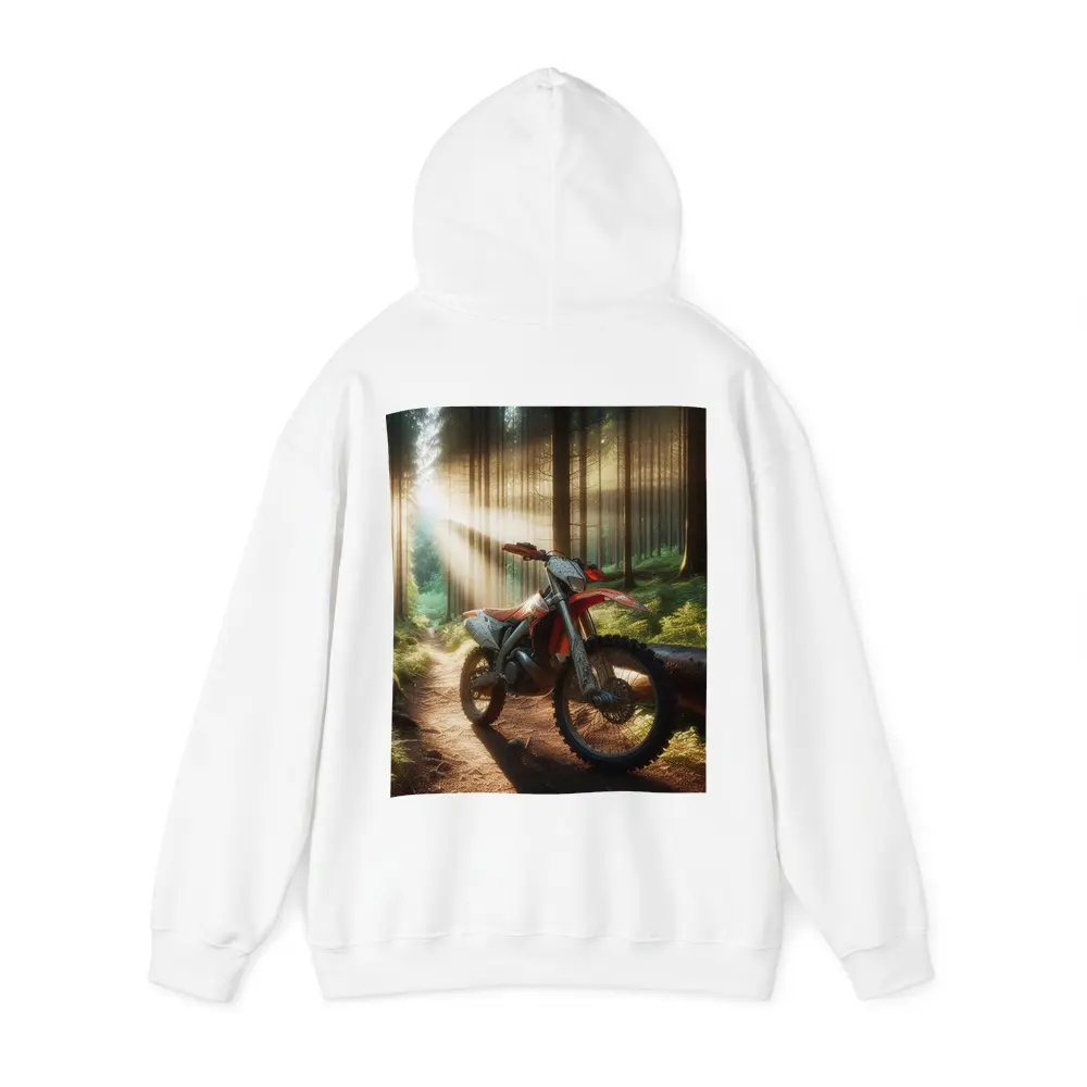 Dirt Bike Parked on Forest Trail – Hoodies